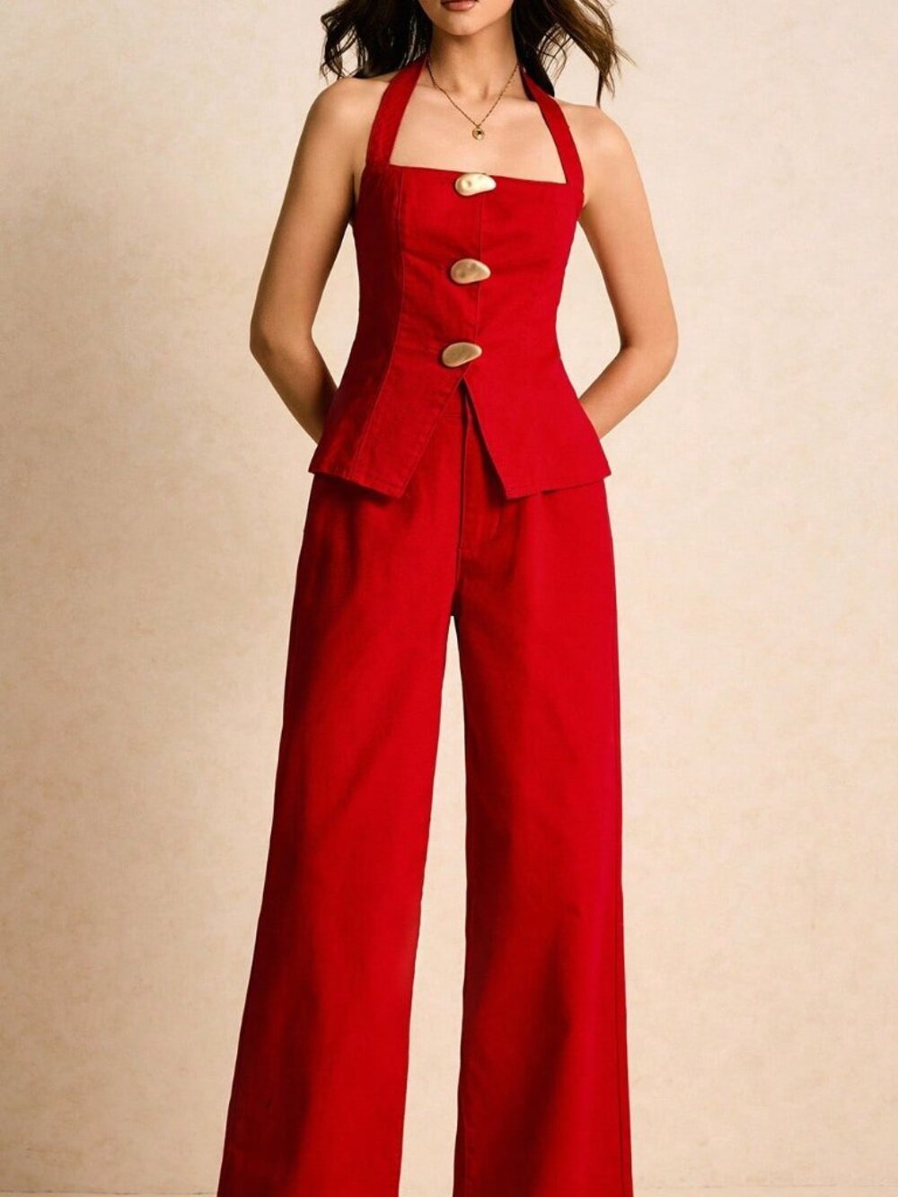 Red Elegant Women's Halter Top and Wide-Leg Jeans Two-Piece Set